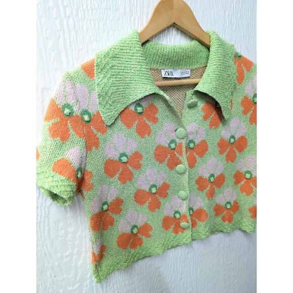 Zara Green Orange Floral Jacquard Cropped Knit Cardigan Mod Retro Size Medium - Picture 2 of 5